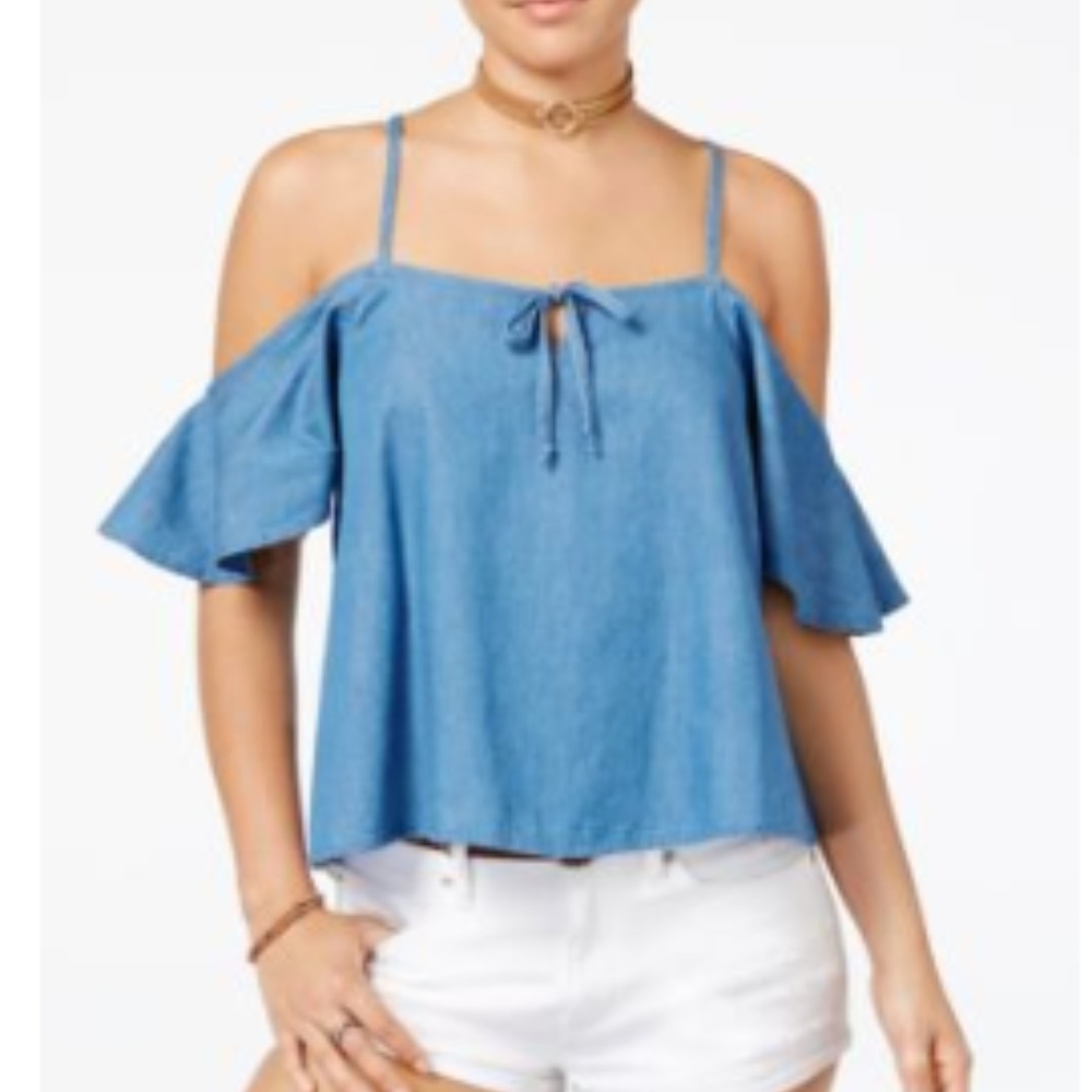 7 Sisters Juniors' Cold-shoulder Chambray Top